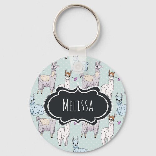 Cute Llama Pattern on Polka Dots Keychain