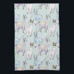 Cute Llama Pattern on Polka Dots Kitchen Towel<br><div class="desc">A kitchen towel with a cute pattern featuring whimsical llamas. One is laying down,  one is holding a flower in his mouth,  and one is looking at you suspiciously. These animals have lots of charming character. Set on a green polka dot background.</div>