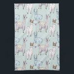 Cute Llama Pattern on Polka Dots Kitchen Towel<br><div class="desc">A kitchen towel with a cute pattern featuring whimsical llamas. One is laying down,  one is holding a flower in his mouth,  and one is looking at you suspiciously. These animals have lots of charming character. Set on a green polka dot background.</div>