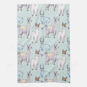 Cute Llama Pattern on Polka Dots Kitchen Towel