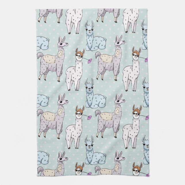Cute Llama Pattern on Polka Dots Kitchen Towel (Vertical)