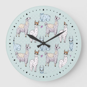 Cute Llama Pattern on Polka Dots Large Clock