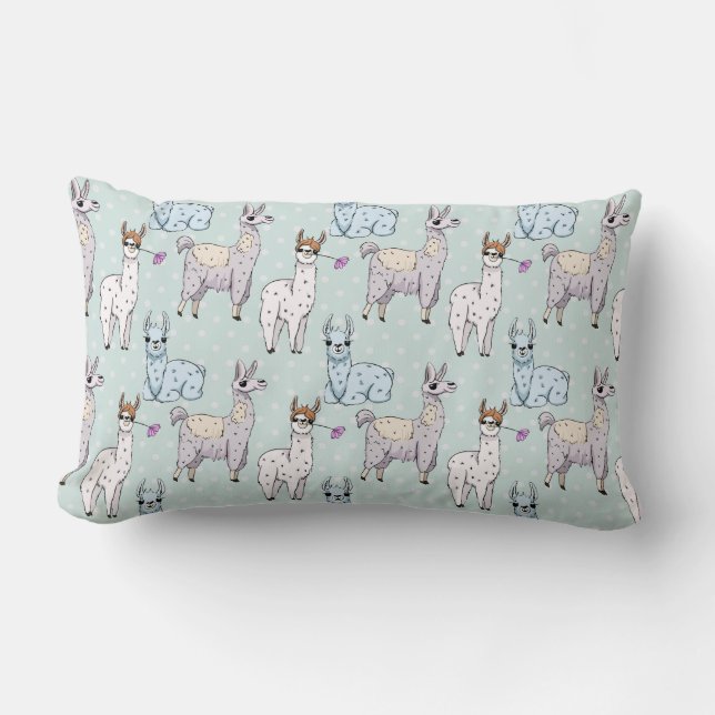 Cute Llama Pattern on Polka Dots Lumbar Pillow (Front)