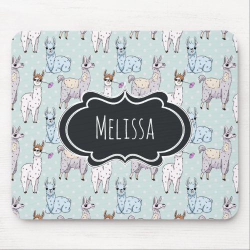 Cute Llama Pattern on Polka Dots Mouse Pad