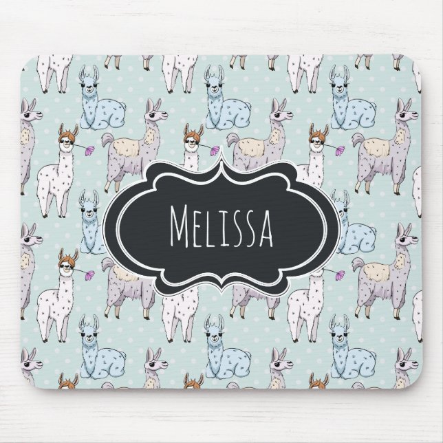 Cute Llama Pattern on Polka Dots Mouse Pad (Front)
