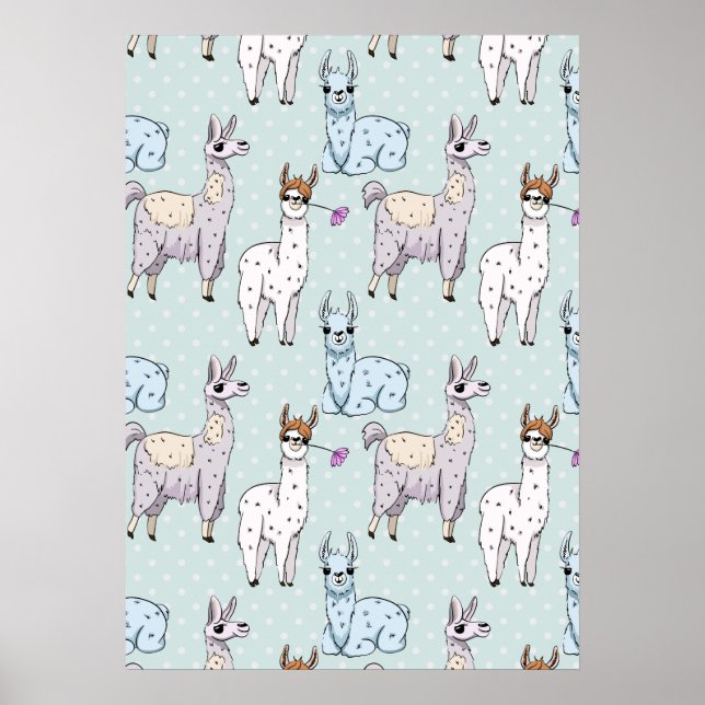 Cute Llama Pattern on Polka Dots Poster (Front)