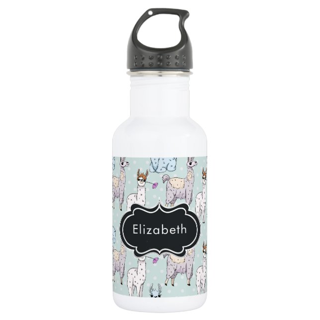 Cute Llama Pattern on Polka Dots Stainless Steel Water Bottle (Front)