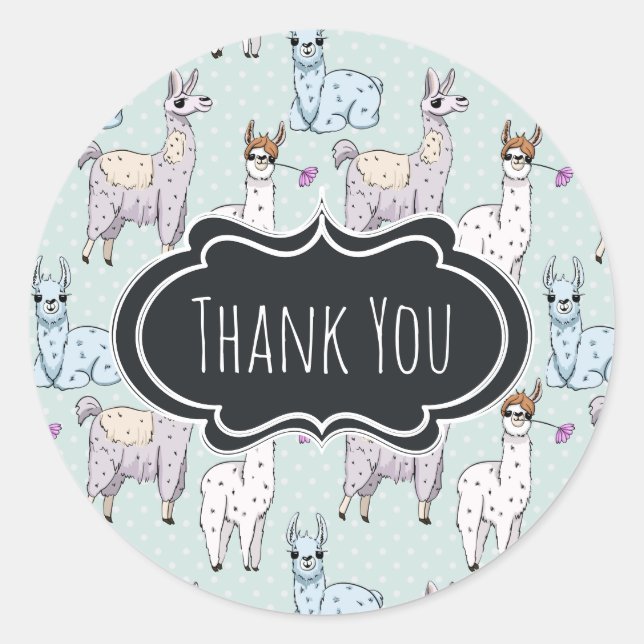 Cute Llama Pattern on Polka Dots Thank You Classic Round Sticker (Front)