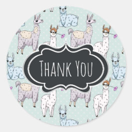 Cute Llama Pattern on Polka Dots Thank You Classic Round Sticker