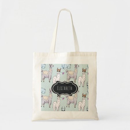 Cute Llama Pattern On Polka Dots Tote Bag