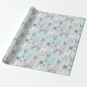 Cute Llama Pattern on Polka Dots Wrapping Paper