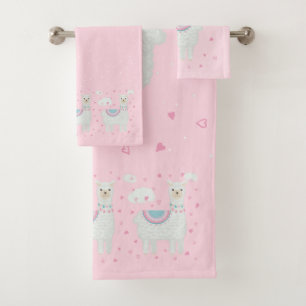 Cute llama pattern pink background bath towel set