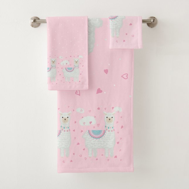 Cute  llama pattern pink background bath towel set (Insitu)