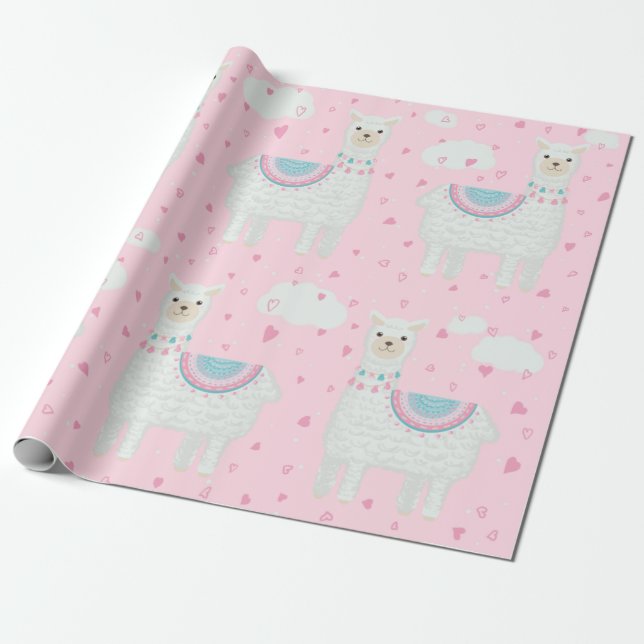 Cute llama pattern pink background wrapping paper (Unrolled)