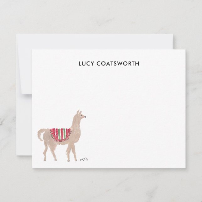 Cute Llama Personalized Boho Animal Artwork Note Card (Front)