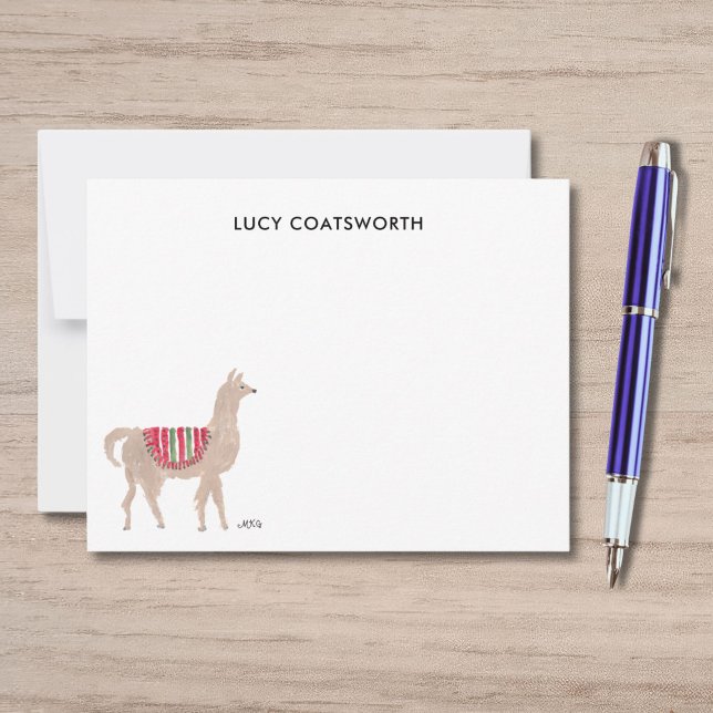 Cute Llama Personalized Boho Animal Artwork Note Card (This whimsical llama note card features a watercolor llama in a red blanket in the lower RH corner.)