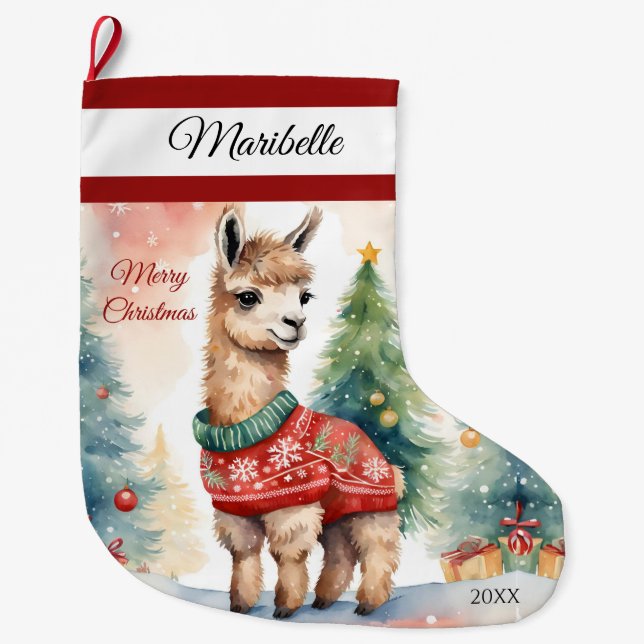 Cute Llama Personalized Large Christmas Stocking (Front)