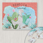 Cute Llama Picture - Llamazing Kids Personalized Jigsaw Puzzle<br><div class="desc">Personalized kids puzzle with cute llama picture. The template is set up for you to add the child's name, so the text reads "[name] is llamazing!". The puzzle has a watercolor illustration of an adorable fluffy white llama standing in a cactus garden. She is wearing a pink flower in her...</div>