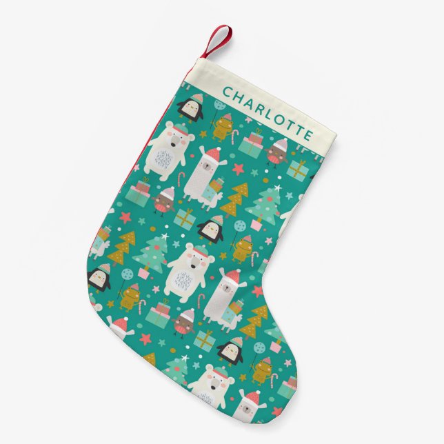 Cute Llama Polar Bear Penguin Pattern Personalized Small Christmas Stocking (Front (Hanging))