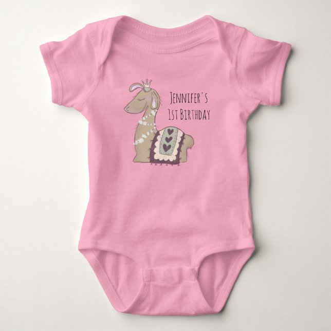 Cute Llama Princess Wearing a Crown Birthday Baby Bodysuit (Front)