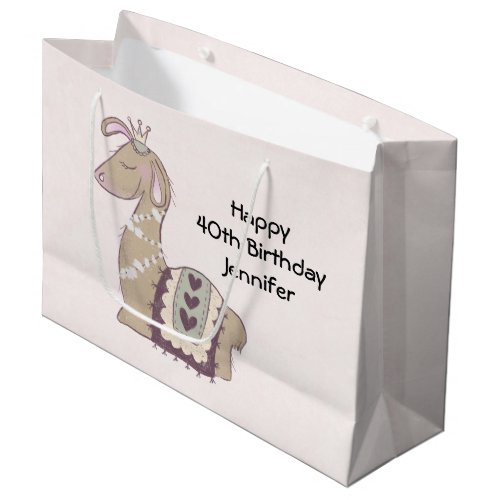 Cute Llama Princess Wearing a Crown Birthday Large Gift Bag
