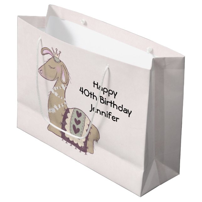 Cute Llama Princess Wearing a Crown Birthday Large Gift Bag (Front Angled)
