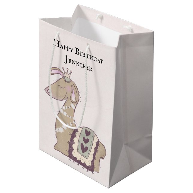 Cute Llama Princess Wearing a Crown Birthday Medium Gift Bag (Front Angled)