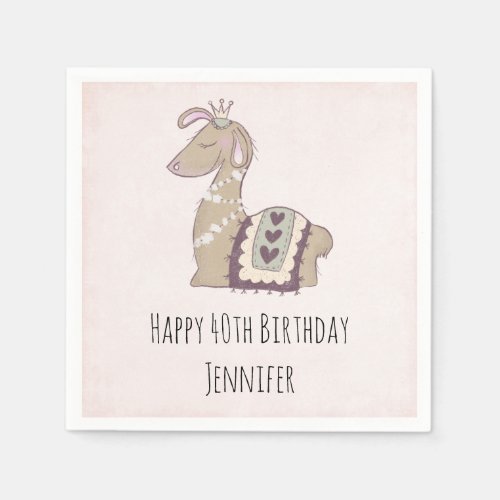 Cute Llama Princess Wearing a Crown Birthday Napkins