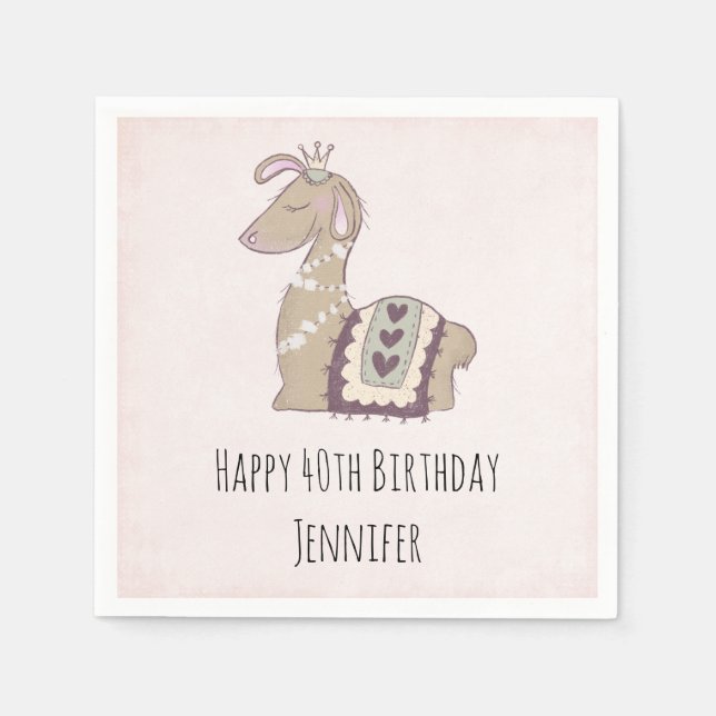 Cute Llama Princess Wearing a Crown Birthday Napkins (Front)