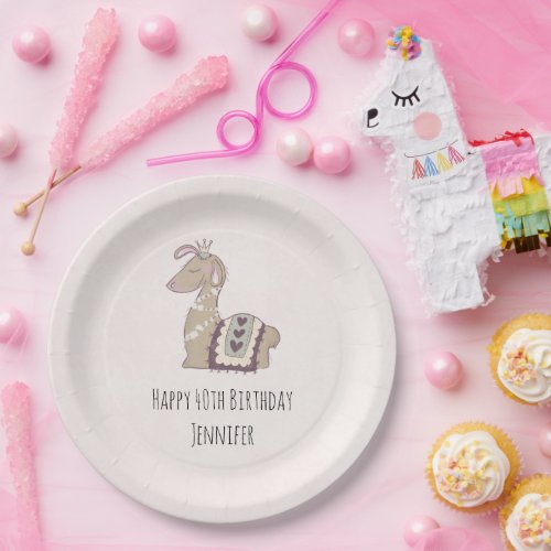 Cute Llama Princess Wearing a Crown Birthday Paper Plates