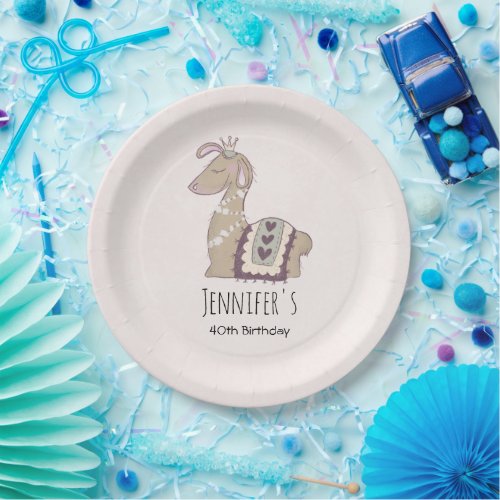 Cute Llama Princess Wearing a Crown Birthday Paper Plates