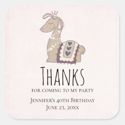 Cute Llama Princess Wearing a Crown Birthday Square Sticker