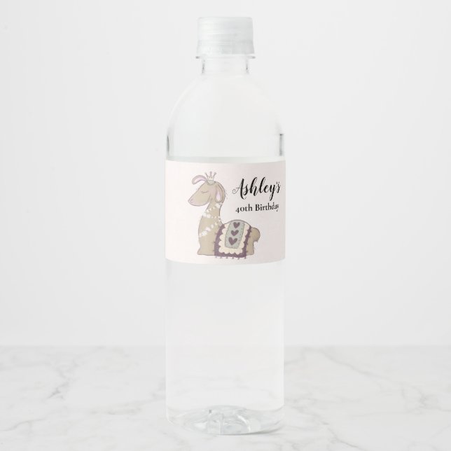 Cute Llama Princess Wearing a Crown Birthday Water Bottle Label (Front)
