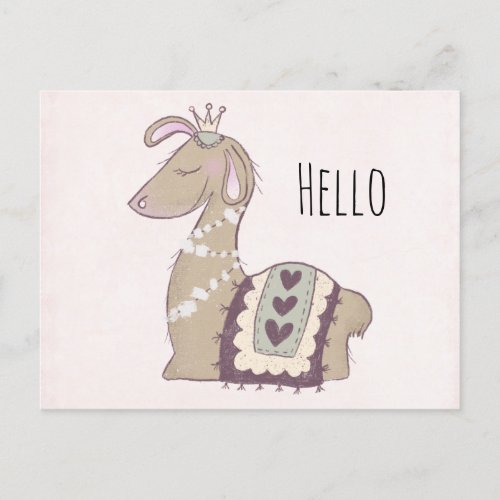 Cute Llama Princess Wearing a Crown Hello Postcard