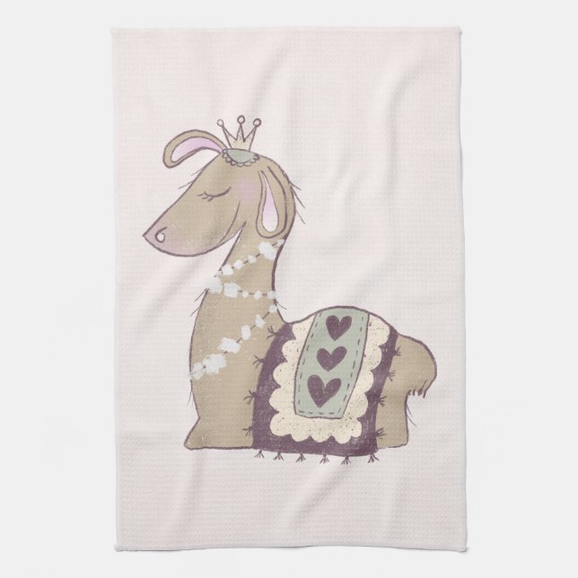 Cute Llama Princess Wearing a Crown Kitchen Towel (Vertical)