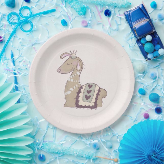 Cute Llama Princess Wearing a Crown Paper Plates (Party)