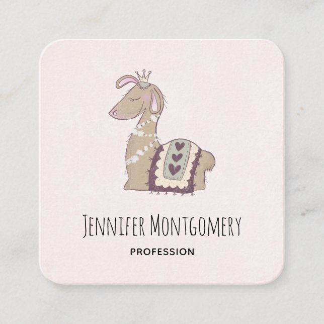 Cute Llama Princess Wearing a Crown Square Business Card (Front)
