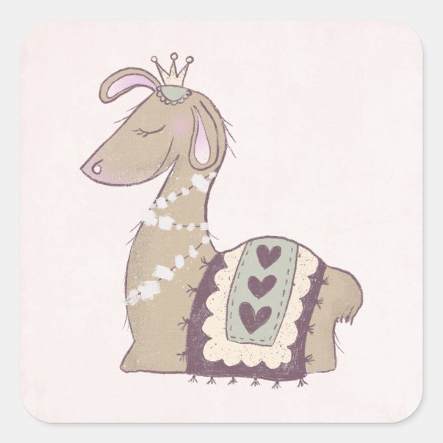Cute Llama Princess Wearing a Crown Square Sticker (Front)