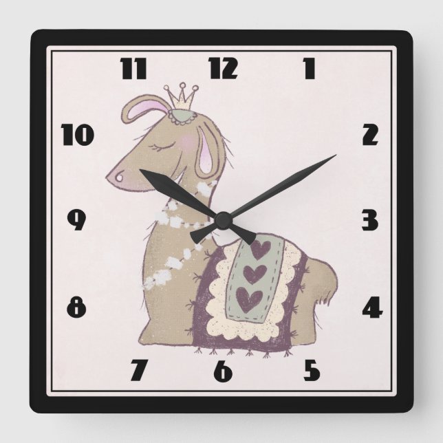 Cute Llama Princess Wearing a Crown Square Wall Clock (Front)