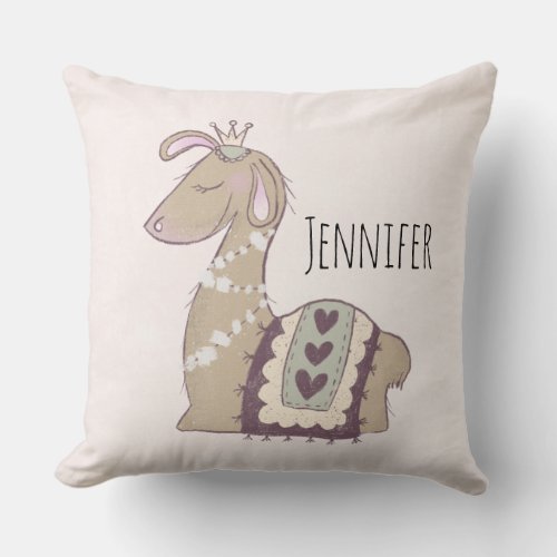 Cute Llama Princess Wearing a Crown Throw Pillow