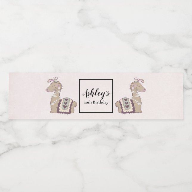 Cute Llama Princess Wearing a Crown Water Bottle Label (Single Label)