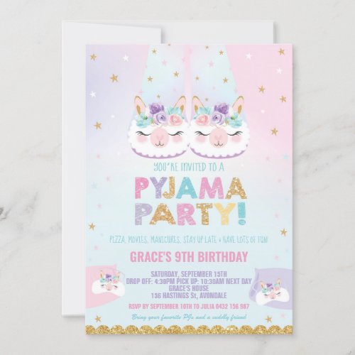 Cute Llama Pyjama Birthday Party Sleepover Slumber Invitation