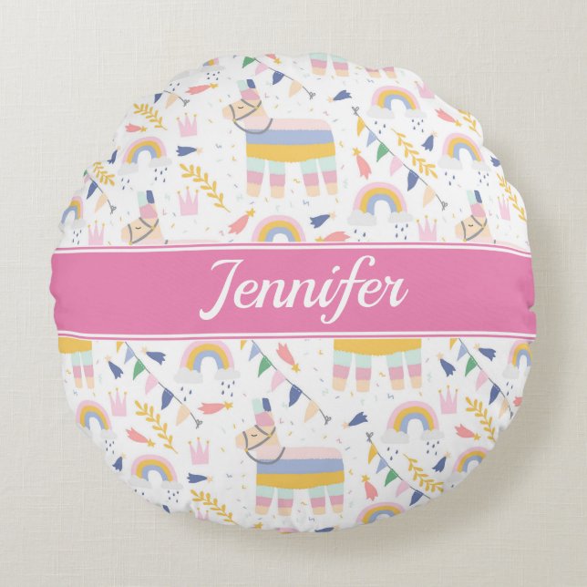 Cute Llama Rainbow Baby Nursery Round Pillow (Front)
