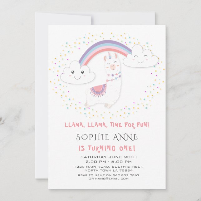 Cute Llama Rainbow Colourful Stars First Birthday Invitation (Front)