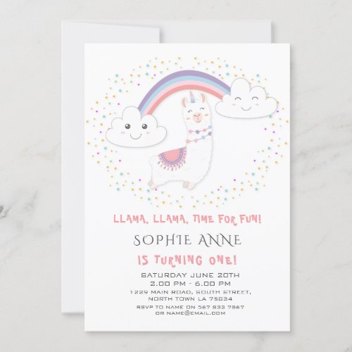 Cute Llama Rainbow Colourful Stars First Birthday Invitation