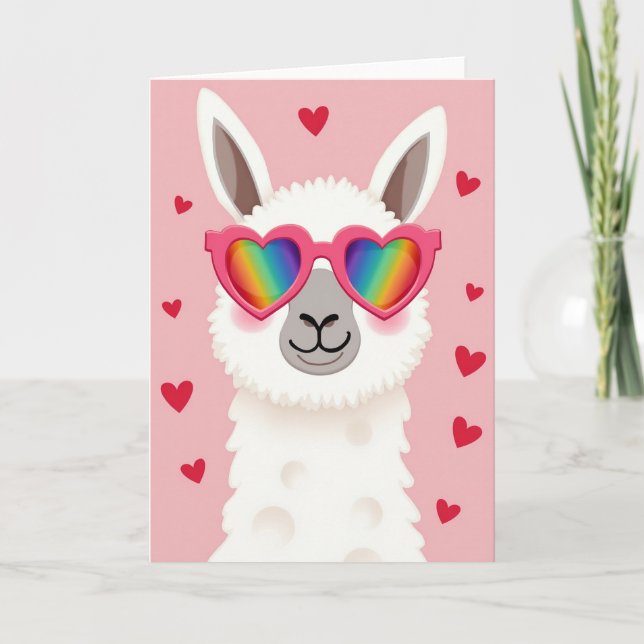 Cute Llama Rainbow Hearts Card (Front)