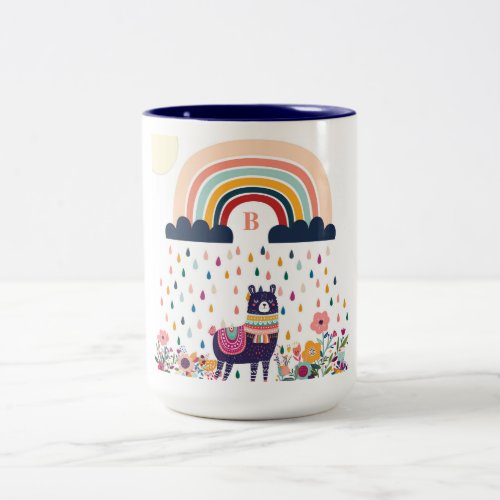 Cute Llama Rainbow Initial Monogram Two_Tone Coffee Mug