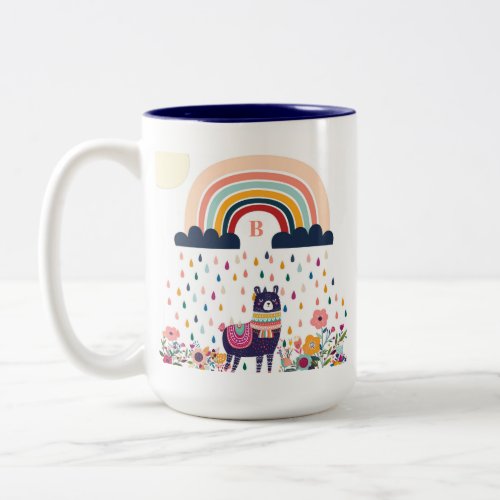 Cute Llama Rainbow Initial Monogram Two_Tone Coffee Mug