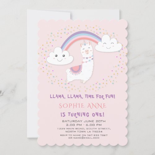 Cute Llama Rainbow Stars Blush First Birthday Invitation