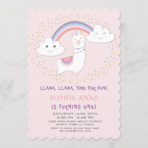 Cute Llama Rainbow Stars Blush First Birthday Invitation